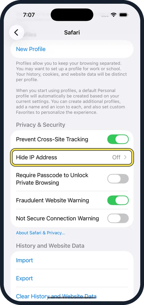 iPhone screen: Scroll to Privacy & Security and tap Hide IP Address