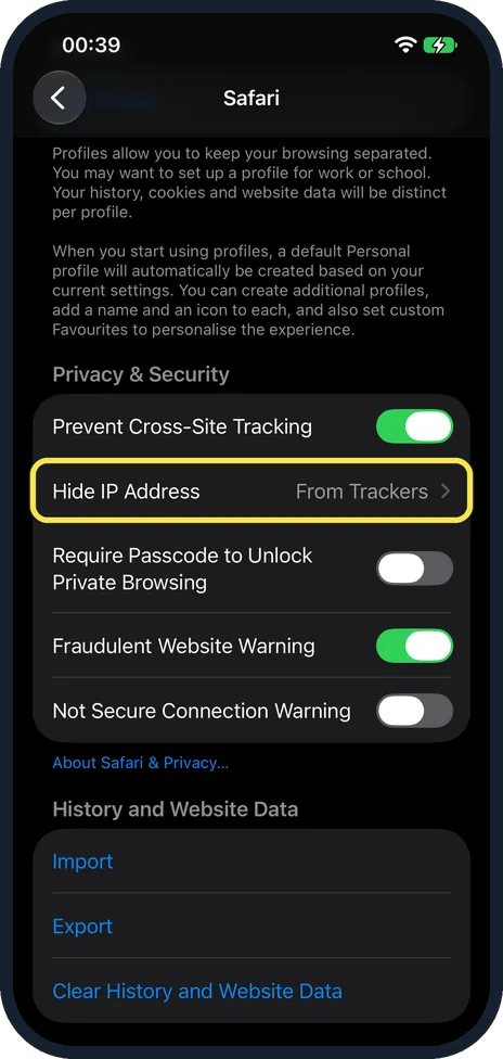 iPhone screen: Scroll to Privacy & Security and tap Hide IP Address