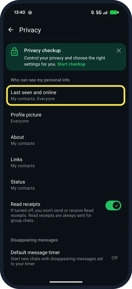 Android screenshot: Tap Last seen and online
