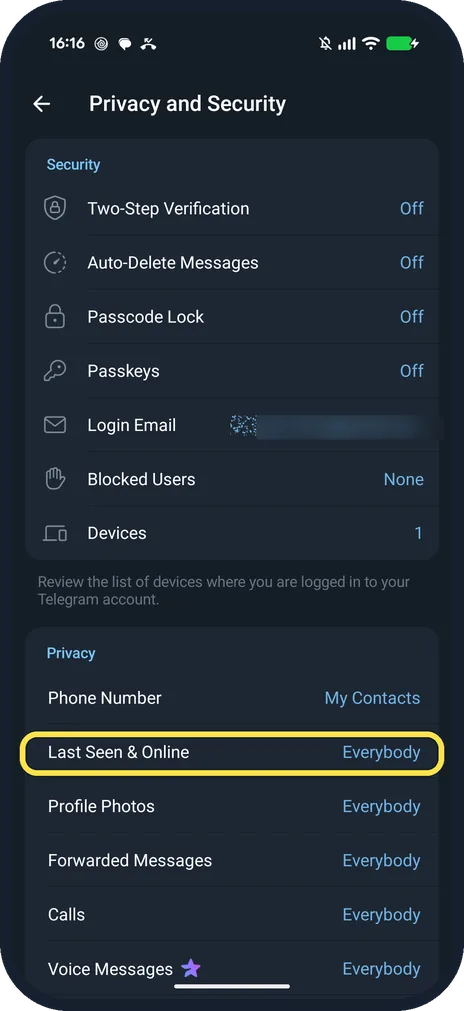 Android screenshot: Tap Last Seen & Online