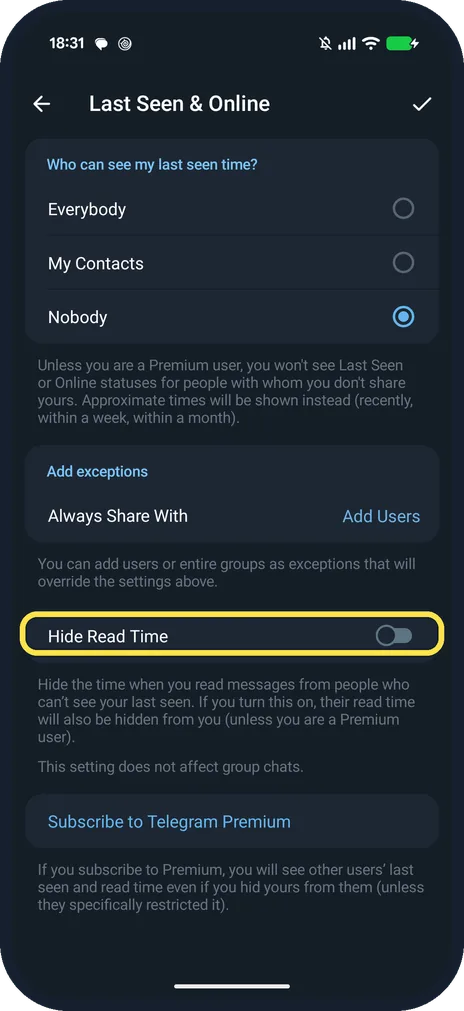 Android screenshot: Hide your read time too, then tap the tick