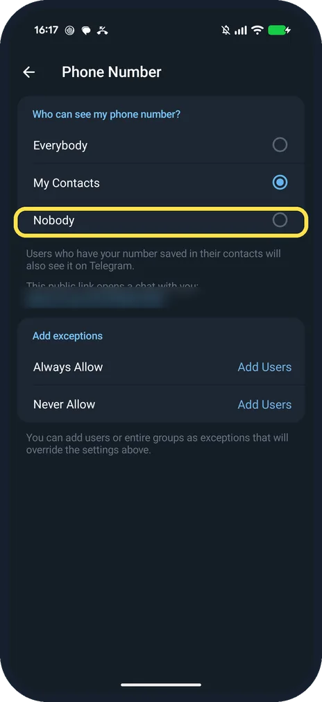 Android screenshot: Choose Nobody