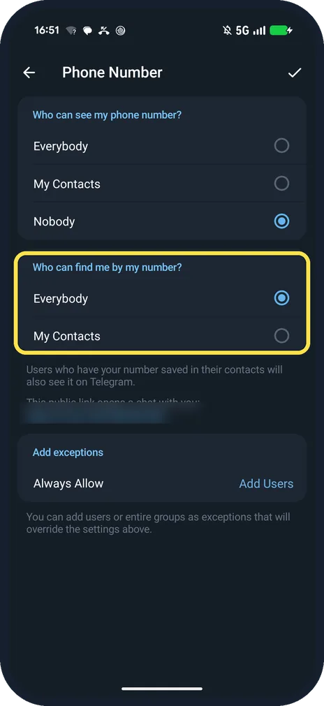Android screenshot: Pick who can find you by your number
