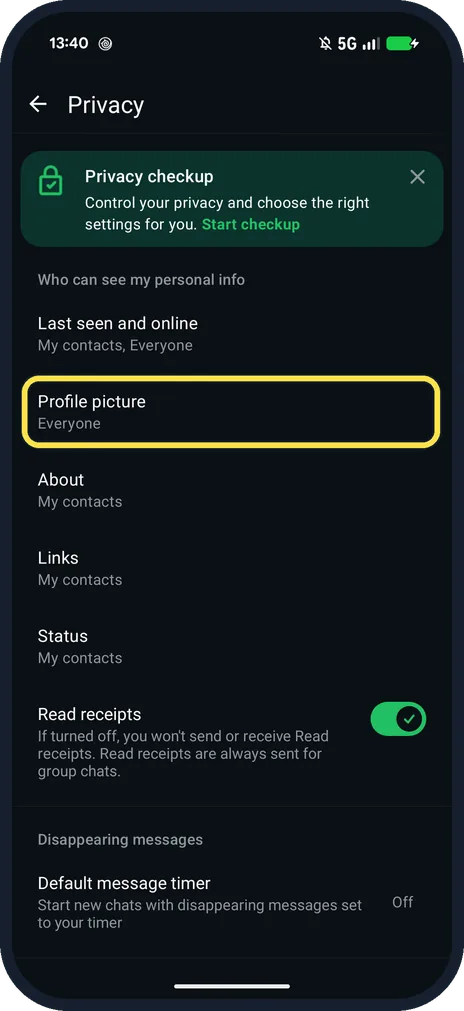 Android screenshot: Tap Profile picture