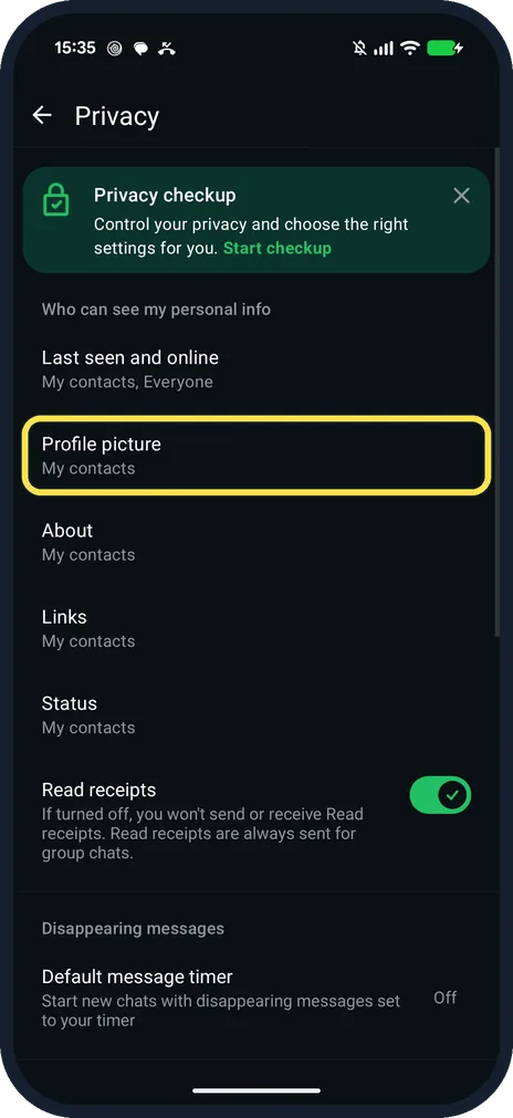 Android screenshot: Check the Privacy page