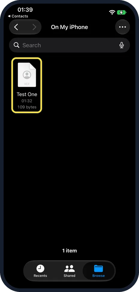 Screenshot from the guide: How to import contacts from a .vcf file on an iPhone (iOS 27)
