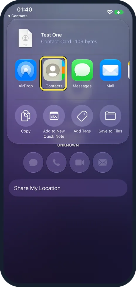 iPhone screen: Tap Contacts