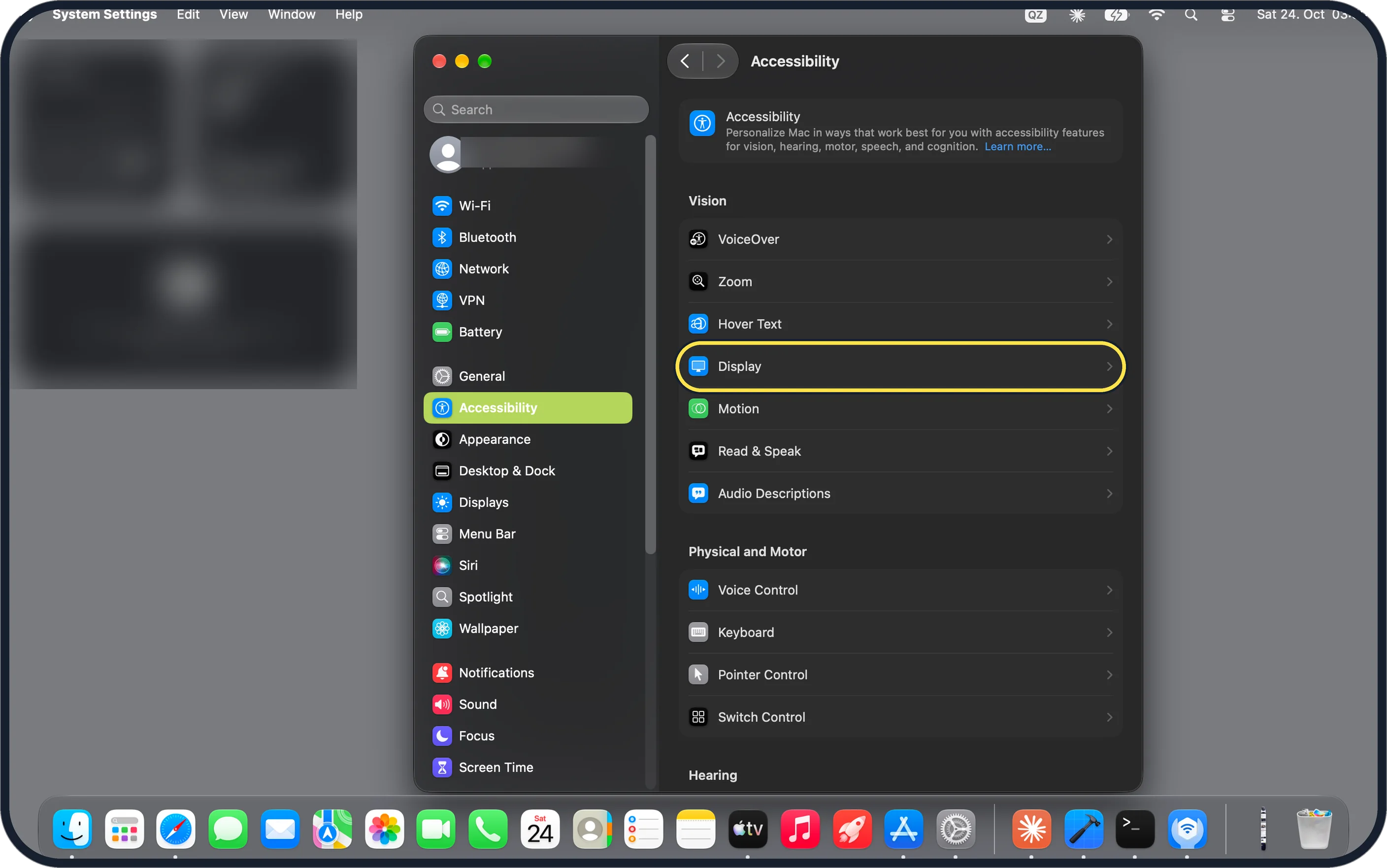 Mac screenshot: Click Accessibility, then Display