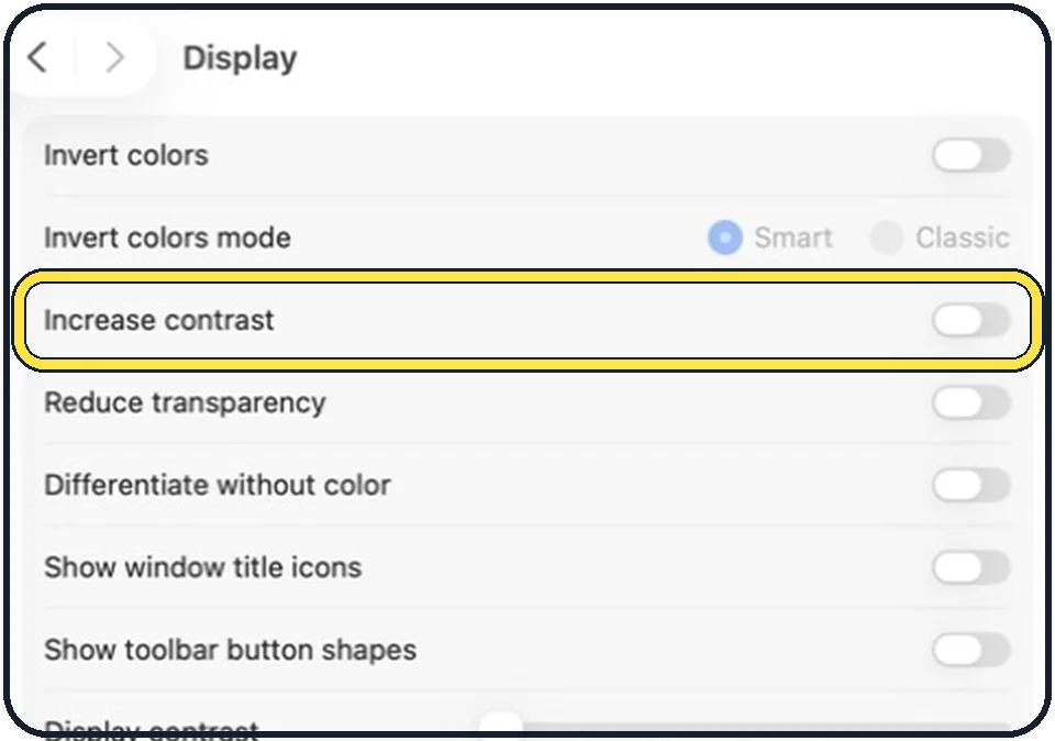 Mac screenshot: Switch on Increase contrast