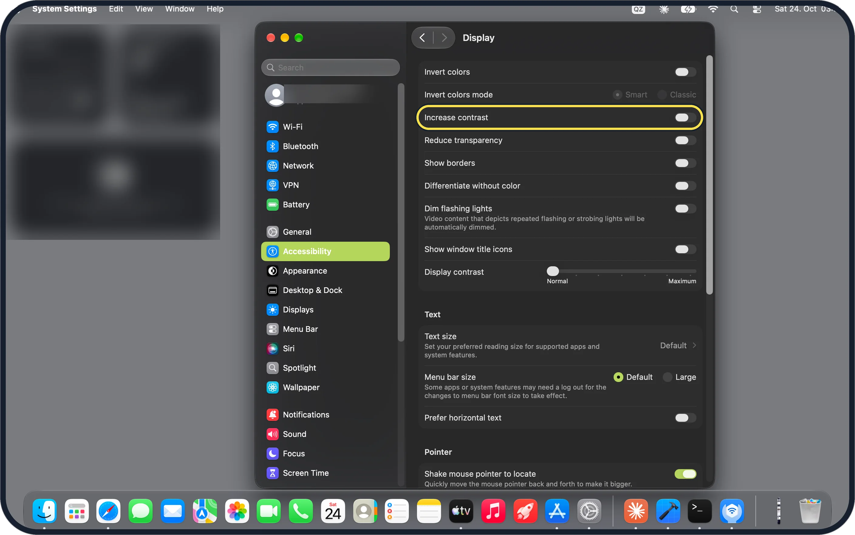 Mac screenshot: Switch on Increase contrast