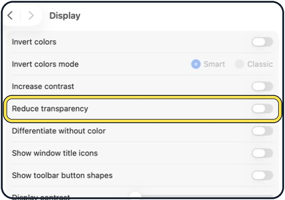 Mac screenshot: Switch on Reduce transparency