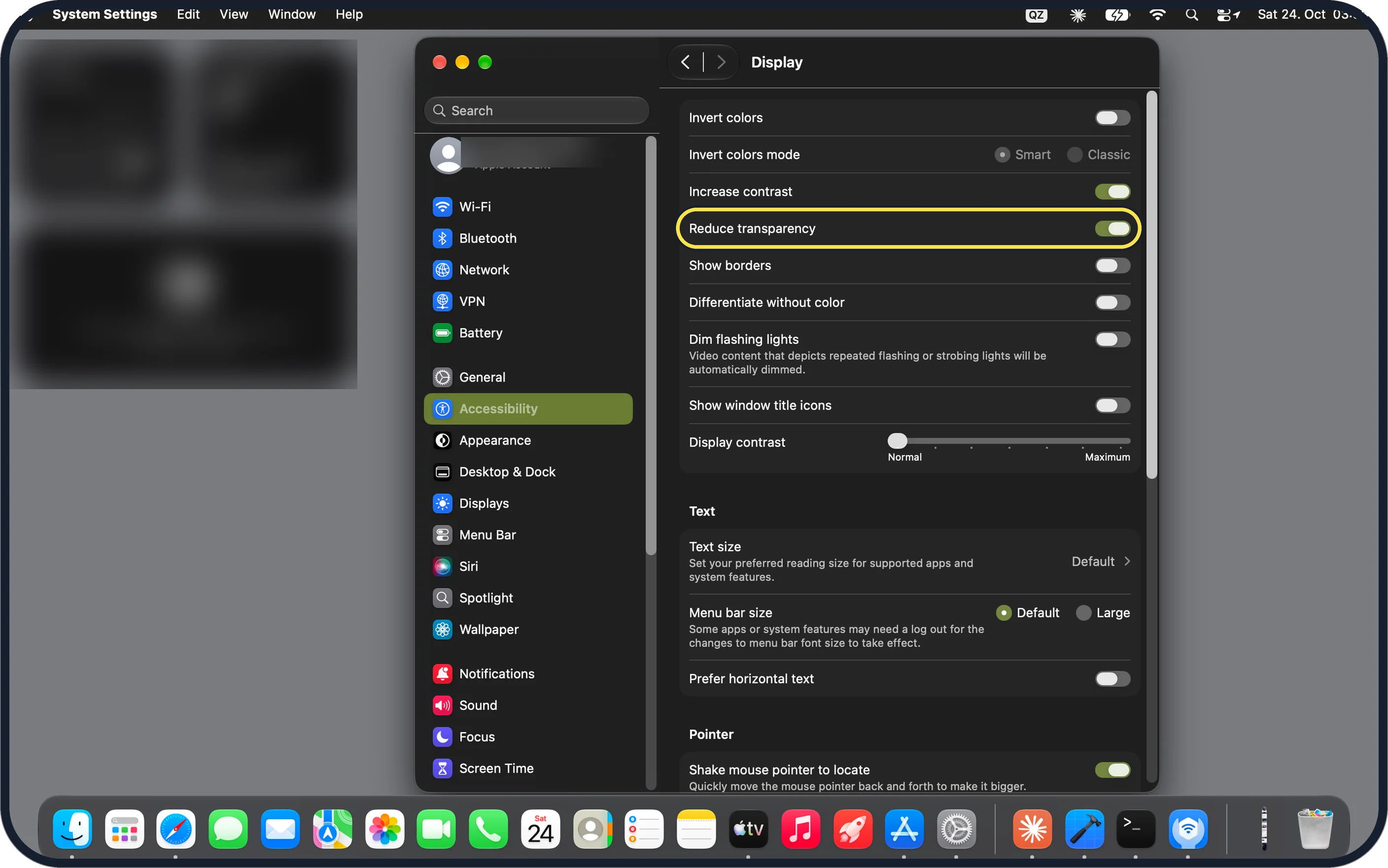 Mac screenshot: Switch on Reduce transparency