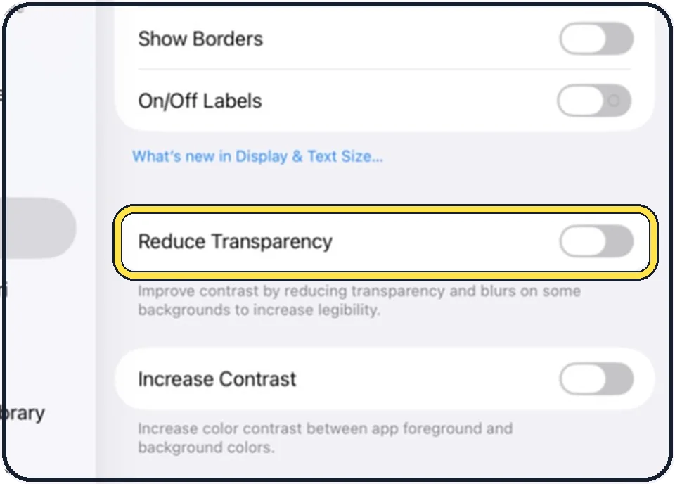 iPad screenshot: Switch on Reduce Transparency