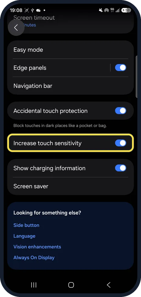 Android screenshot: Turn on Increase touch sensitivity