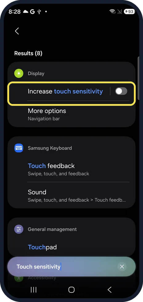 Android screenshot: Or search for touch sensitivity
