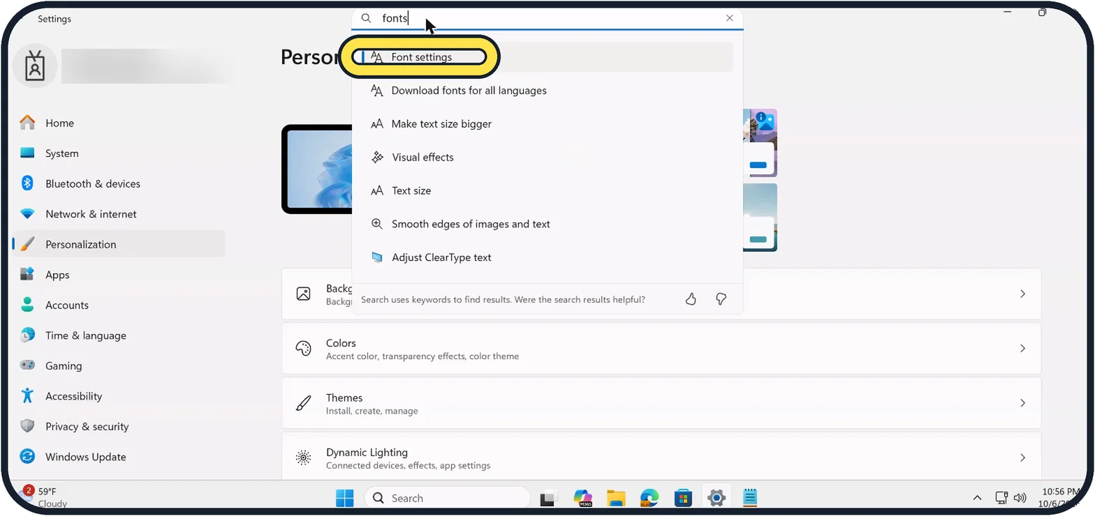 Windows screenshot: Open the Fonts settings