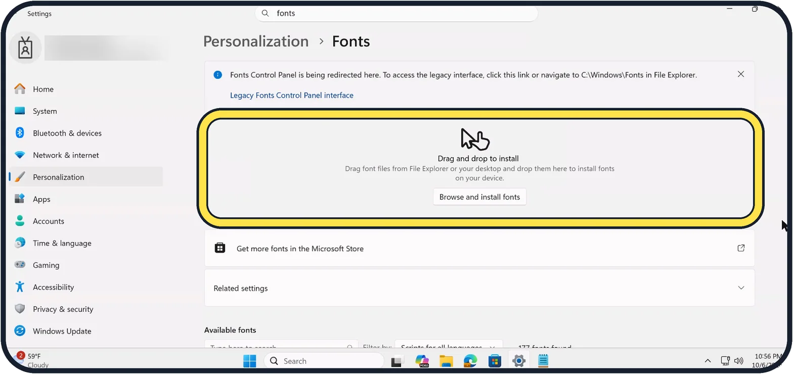 Windows screenshot: Drag the font file in