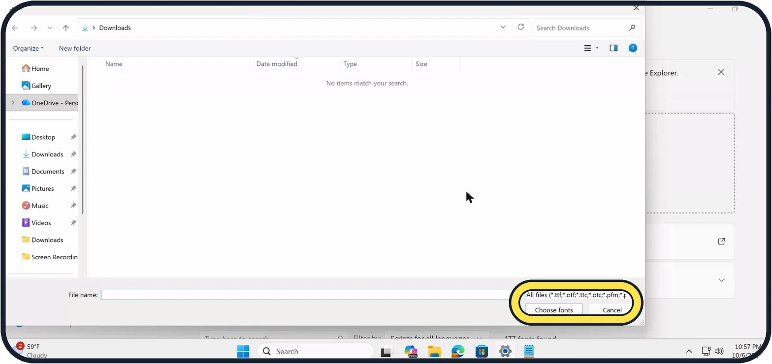 Windows screenshot: Or browse for the font file