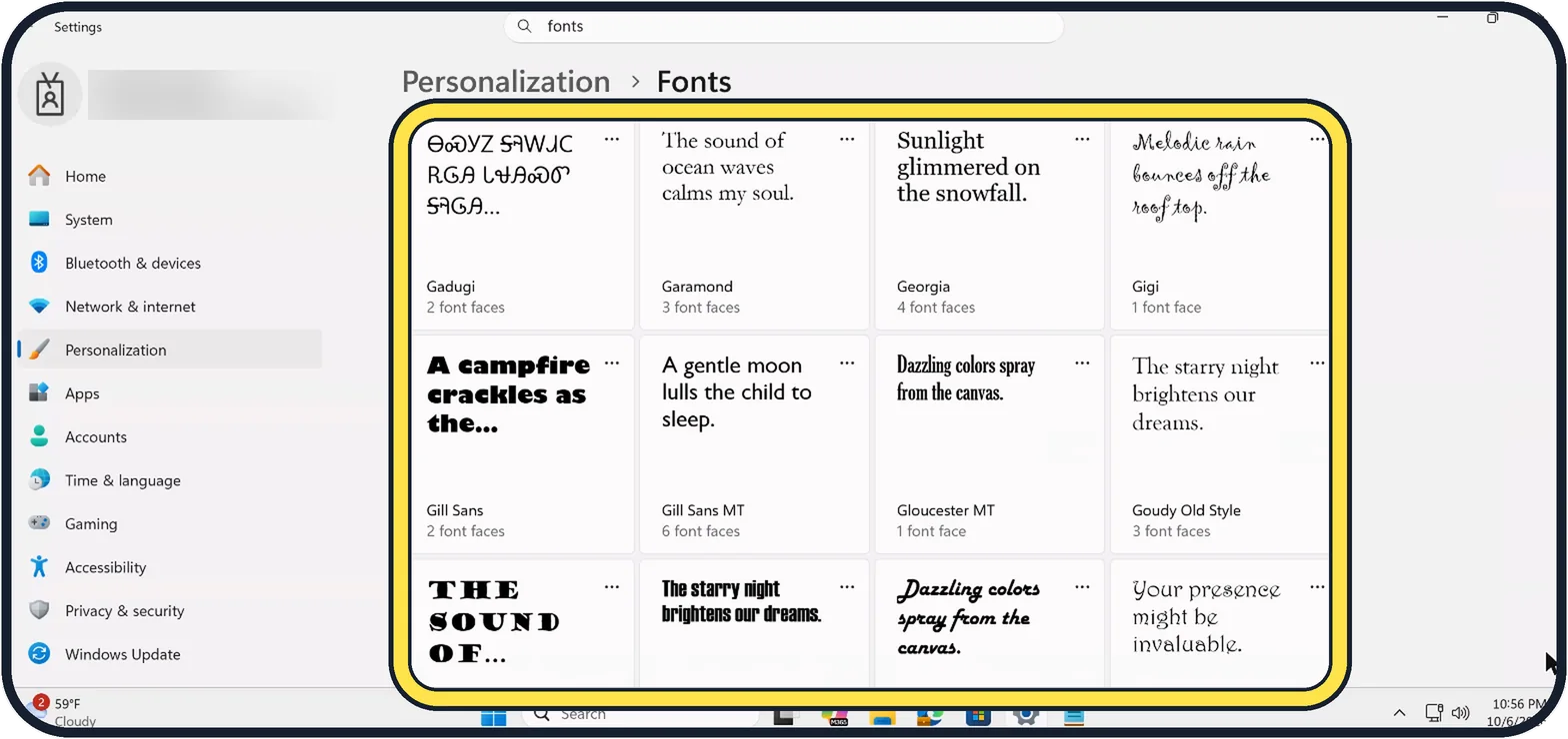 Windows screenshot: Find it in Available fonts