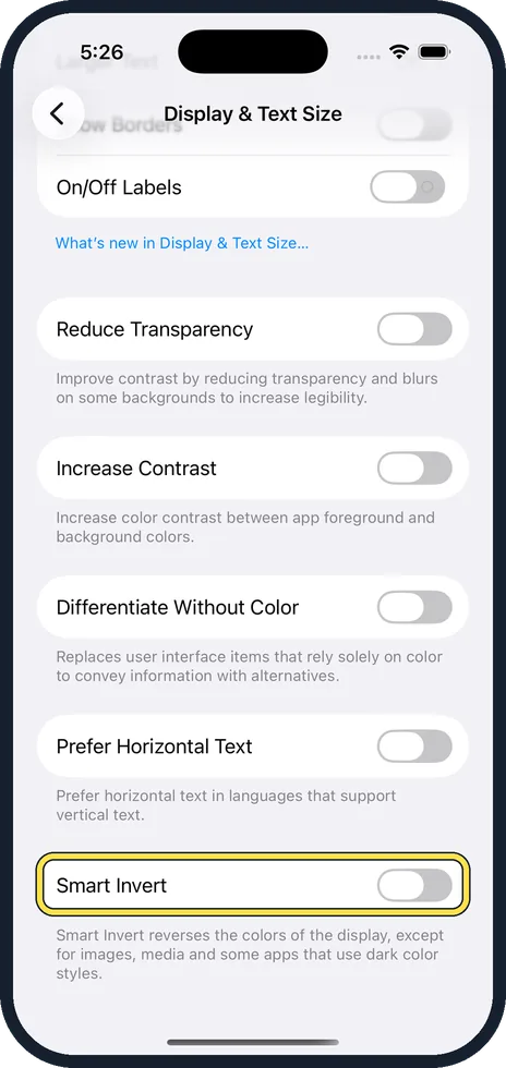 iPhone screen: Scroll down and switch on Smart Invert