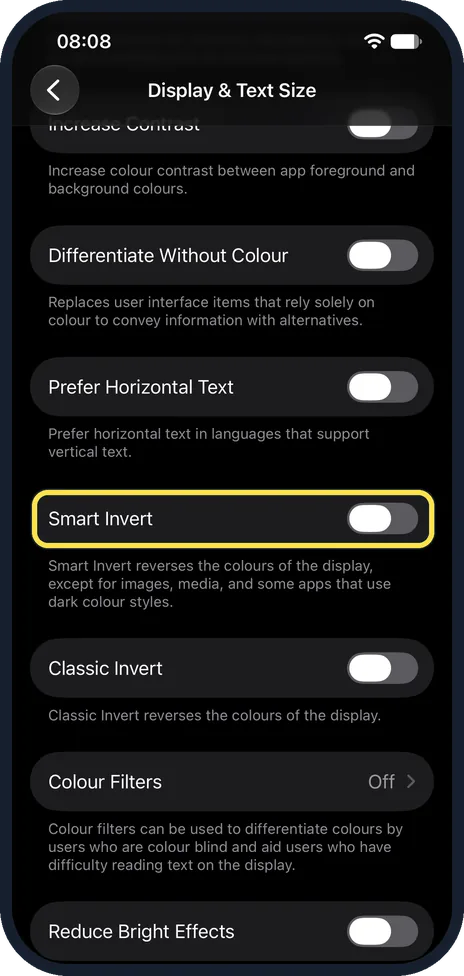 iPhone screen: Scroll down and switch on Smart Invert