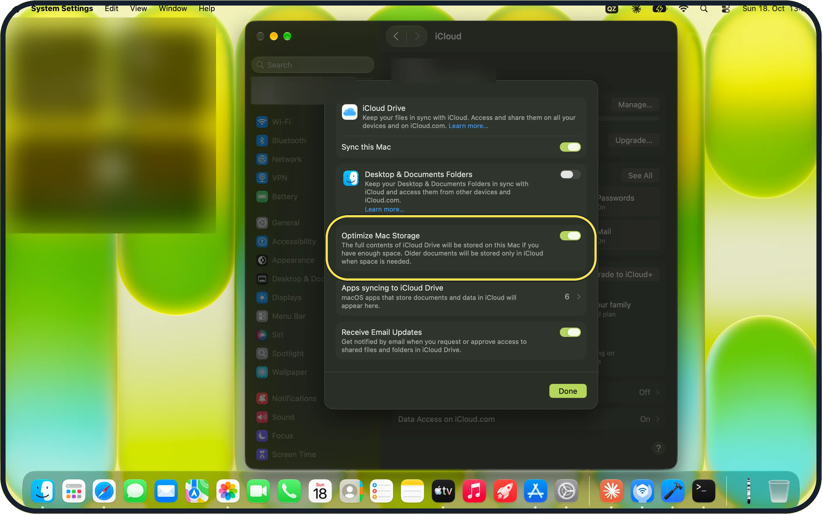 Mac screenshot: Turn off Optimize Mac Storage