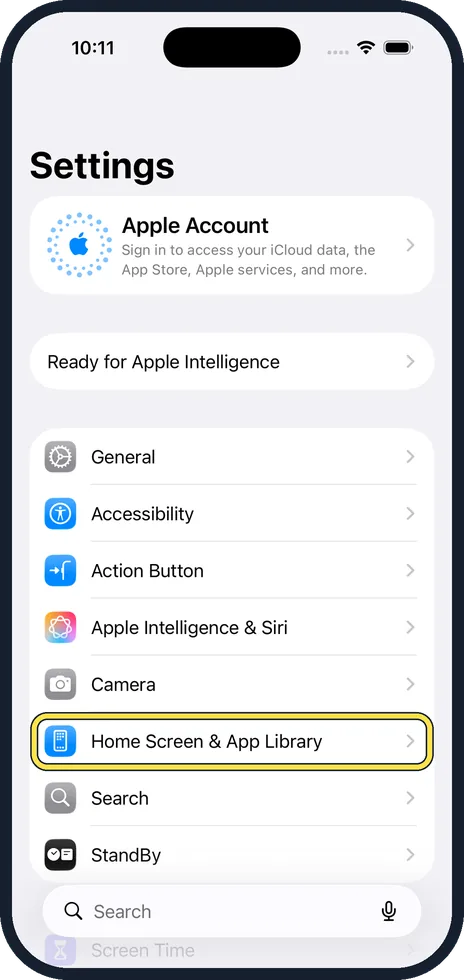 iPhone screen: Open Settings and tap Home Screen & App Library