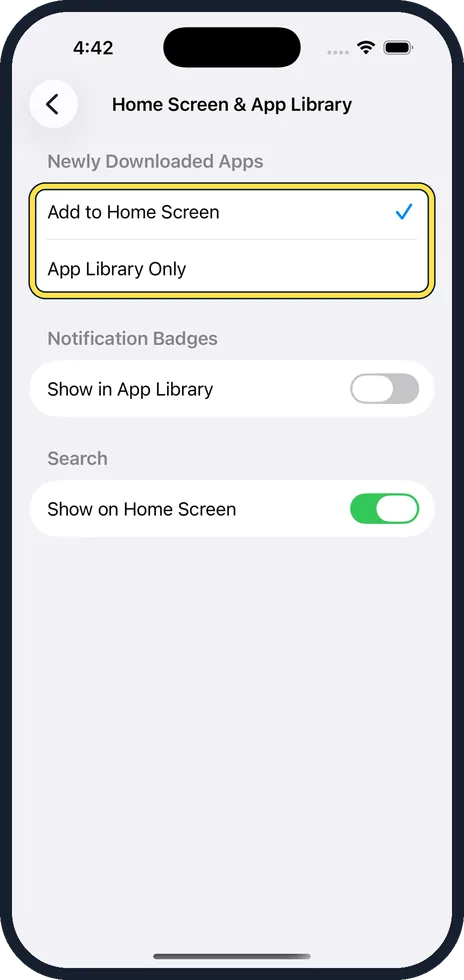 iPhone screen: Choose App Library Only