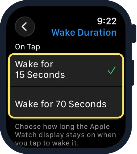 Apple Watch screen: Tap Wake for 70 Seconds