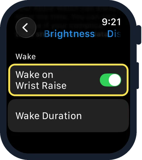Apple Watch screen: Check Wake on Wrist Raise