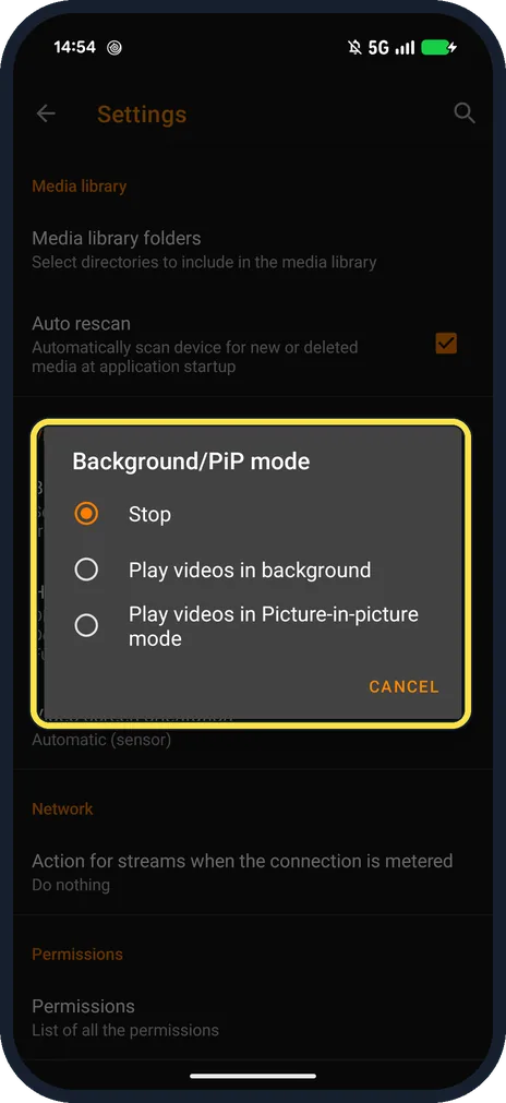Android screenshot: Choose what happens