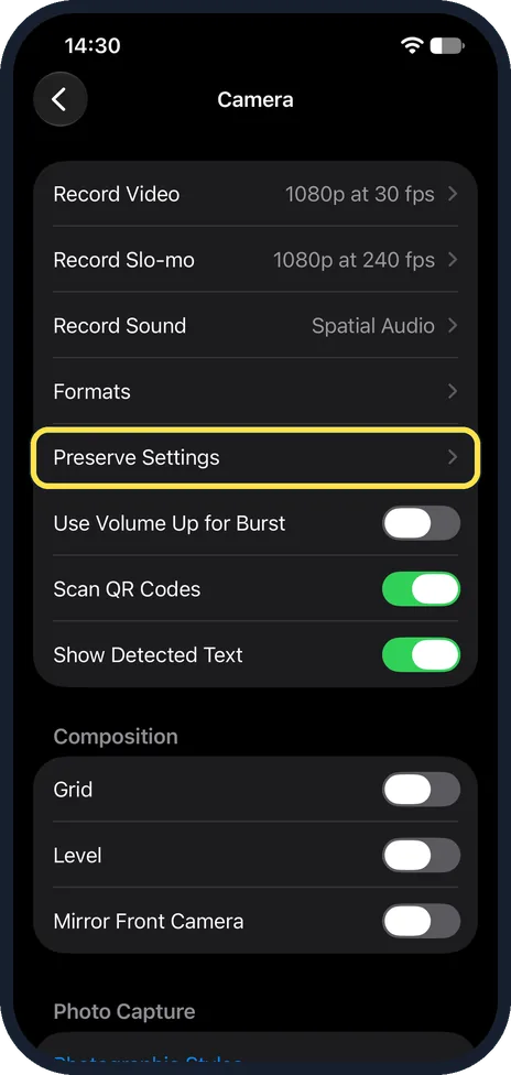 Screenshot from the guide: How to keep your camera settings on an iPhone (Preserve Settings)