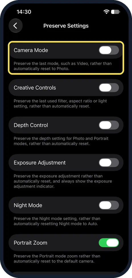 iPhone screen: Keep the last mode