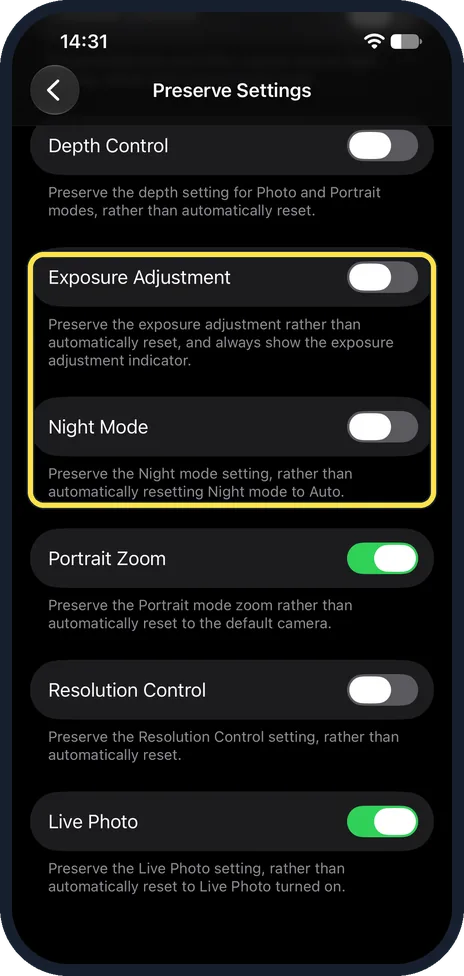 iPhone screen: Keep Night mode and exposure