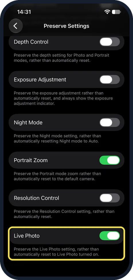 iPhone screen: Keep Live Photo off