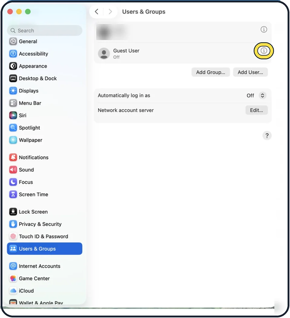 Mac screenshot: Click the info button next to Guest User