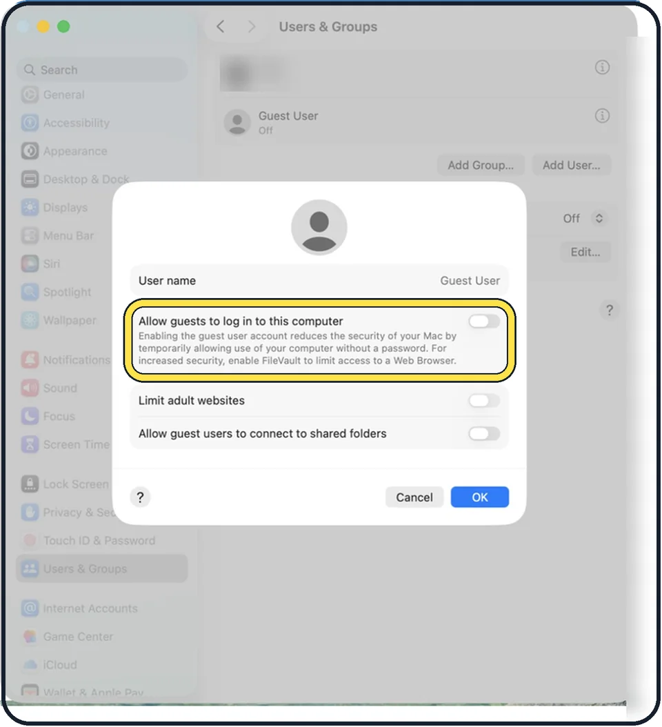 Mac screenshot: Turn on Allow guests to log in to this computer