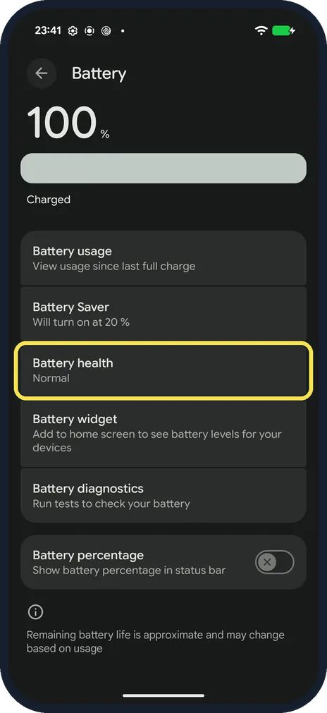 Android screenshot: Open Battery health