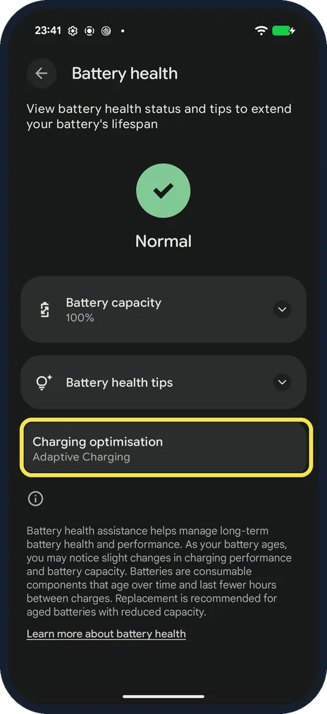 Android screenshot: Tap Charging optimisation