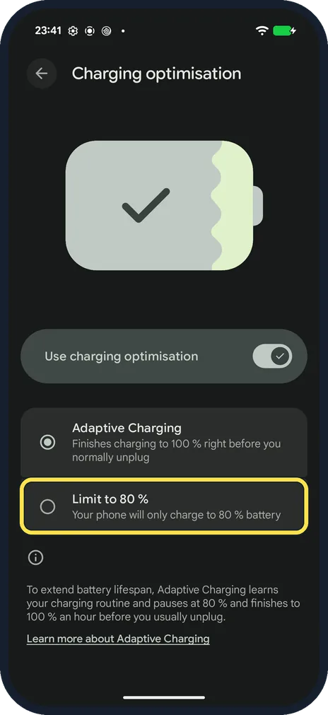 Android screenshot: Tap Limit to 80 %
