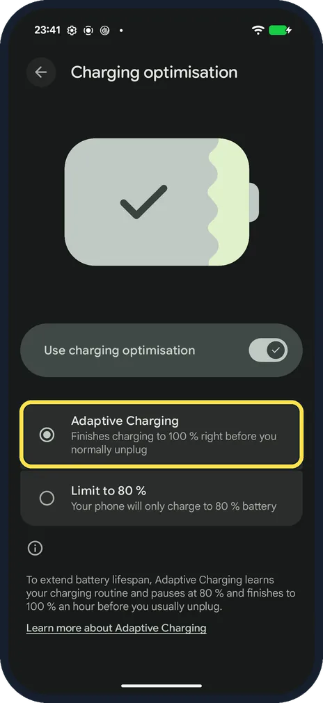 Android screenshot: Or choose Adaptive Charging