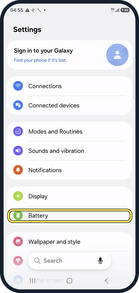 Android screenshot: Open Battery