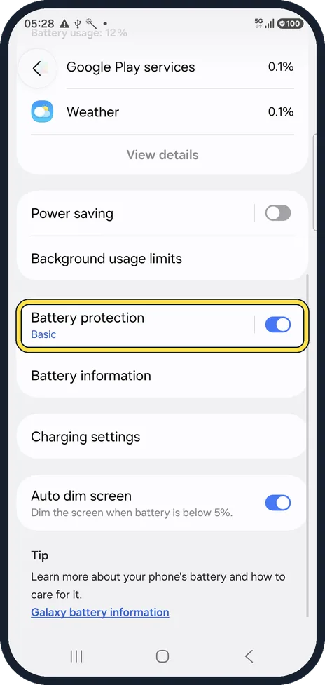Android screenshot: Open Battery protection