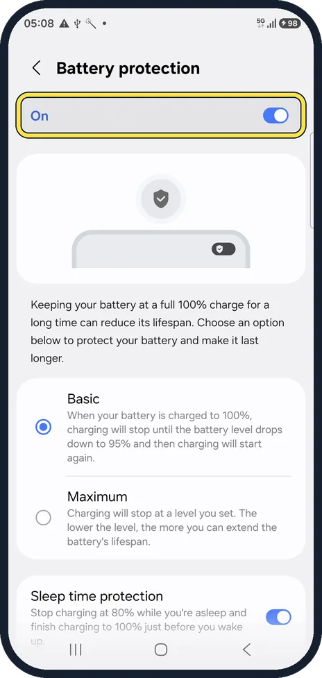 Android screenshot: Switch Battery protection on