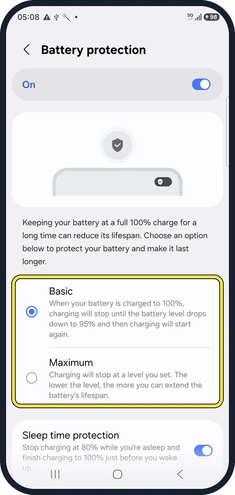 Android screenshot: Choose Basic or Maximum