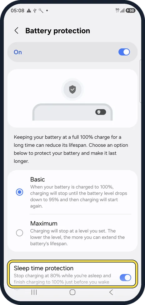 Android screenshot: Check Sleep time protection