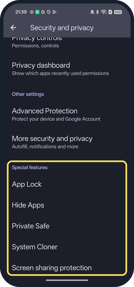 Android screenshot: Scroll to Special features