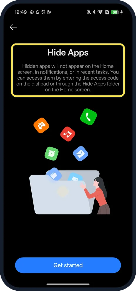 Android screenshot: Tap Hide Apps