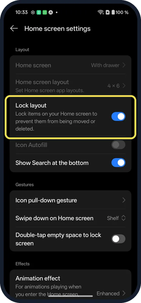 Android screenshot: Switch Lock layout on