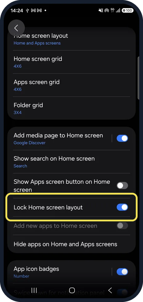 Android screenshot: Switch on Lock Home screen layout